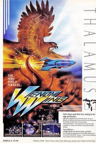 Advertisement for the 1990 Venom Wing Amiga shoot-'em-up game in Zzap 64 / Amiga magazine.