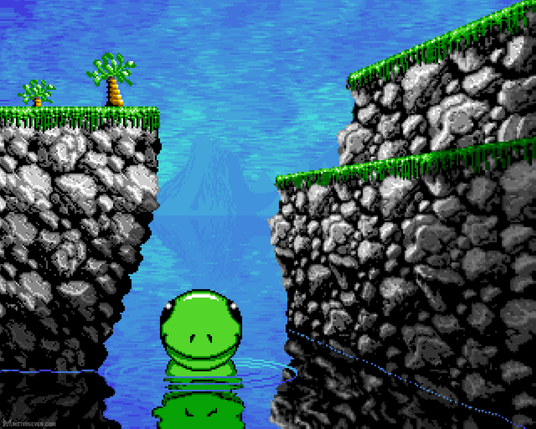 Pixel art image, showing the 1992 Hoi Amiga game's dino-like green main character, bathing in water surrounded by rocky cliffs.
