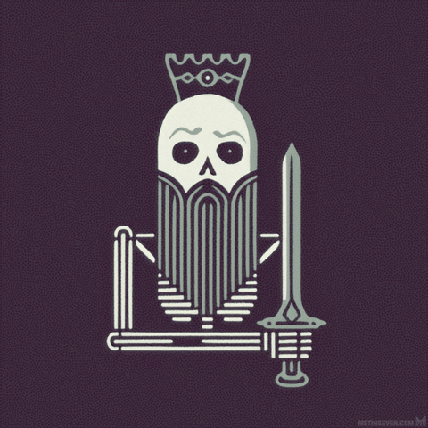 Line-oriented graphic design style skeleton king with a crown and a sword.