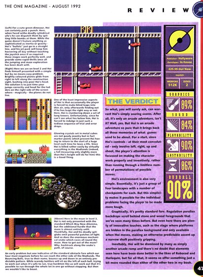 Page from a 1990s British paper magazine called The One, featuring a review and screenshots of the Hoi Amiga platform game.