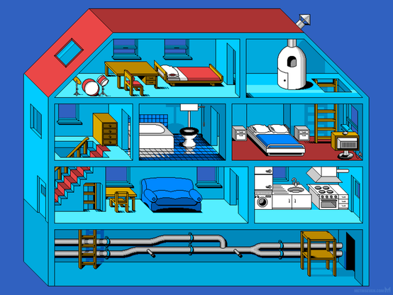 Isometric pixel art of an open house that served as a game environment, featuring various rooms.