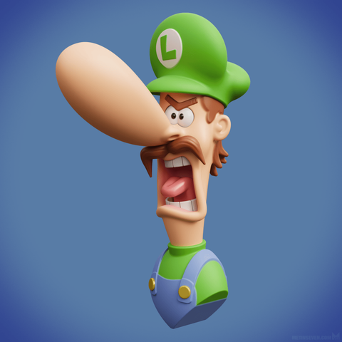 A caricatural cartoon-style 3D Luigi bust model, angrily screaming at Mario outside of the picture.