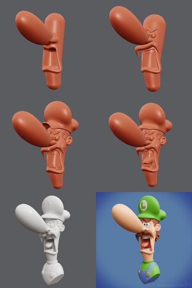 Work in progress phases of a caricatural cartoon-style 3D Luigi bust model, angrily screaming at Mario outside of the picture.