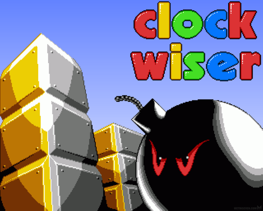 Low-resolution title picture for the 1994 Clockwiser Amiga puzzle game, featuring some of the game elements, including a bomb.