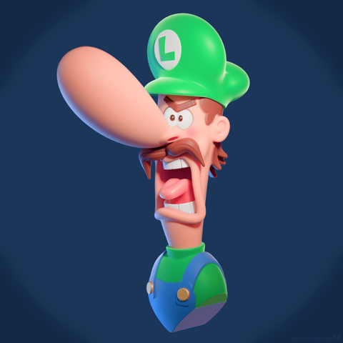 Blender Cycles rendering of a caricatural cartoon-style 3D Luigi bust model, angrily screaming at Mario outside of the picture.