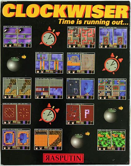 Box front side of the 1994 Puzzle game Clockwiser, featuring a collage of game screenshots.