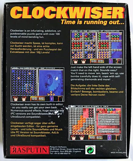 Box backside of the 1994 Puzzle game Clockwiser, featuring some game screenshots and a description.