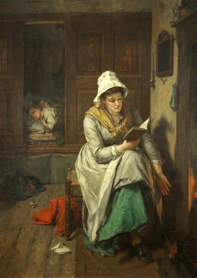 When Children Are Asleep by Thomas Faed (1885). 

A young mother or nursemaid sits by a fireside absorbed in reading a book. She wears a white cap, yellow neckerchief, grey bodice and green skirt. Through the half-open door behind her, a child lies sleeping in a box bed, cheek resting on folded hands.

https://commons.wikimedia.org/wiki/File:Thomas_Faed_(1825-1900)_-_When_Children_Are_Asleep_-_WAG_2816_-_Walker_Art_Gallery.jpg