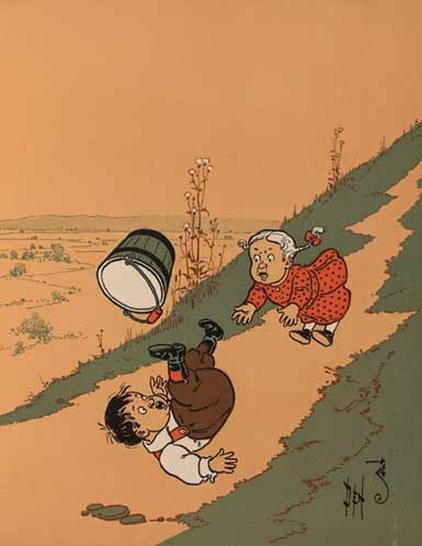 Jack and Jill falling down the hill. Jack has the pail flying in the air above him.