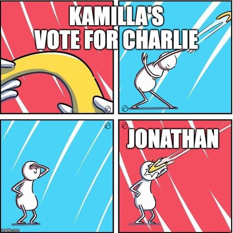A four-panel cartoon showing a character holding a yellow boomerang, throwing it, waiting, and then being hit in the face with it. The first two are labeled "KAMILLA's VOTE FOR CHARLIE" and the last "JONATHAN"