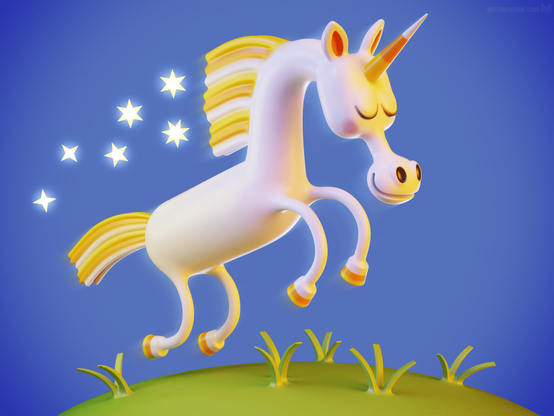 A cute, whimsical, cartoon-style 3D unicorn character design, happily jumping over a little meadow hill, while sprinkling stardust.