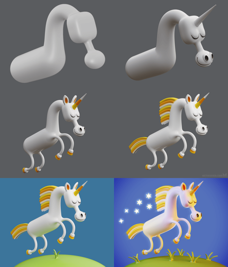 Six modeling stages of a cute, whimsical, cartoon-style 3D unicorn character design, happily jumping over a little meadow hill, while sprinkling stardust.