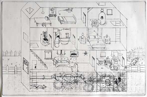 Concept sketch for a game that takes place in a house, featuring rooms filled with dangerous obstacles and enemies.