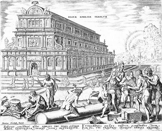From the 1572 Octo Mundi Miracula, the earliest known representation of the temple in modern times. The engraving was by Martin Heemskerck.

The temple of Artemis is represented by a colonnaded façade richly decorated with relief sculpture, statues in niches, a pediment with figural groups, and a long stepped platform.

Workers, architects and figures labour in the foreground: cutting stone, rolling columns, consulting plans. 

https://en.wikipedia.org/wiki/Temple_of_Artemis#/media/File:Philips_Galle,_Dianatemplet_i_Efesos,_1572,_KKSgb10001-5,_Statens_Museum_for_Kunst_(cropped).jpg