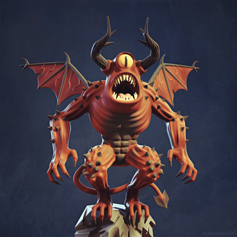 Retro movie style, demon-like cyclops monster with bat-wings, standing on a rock.