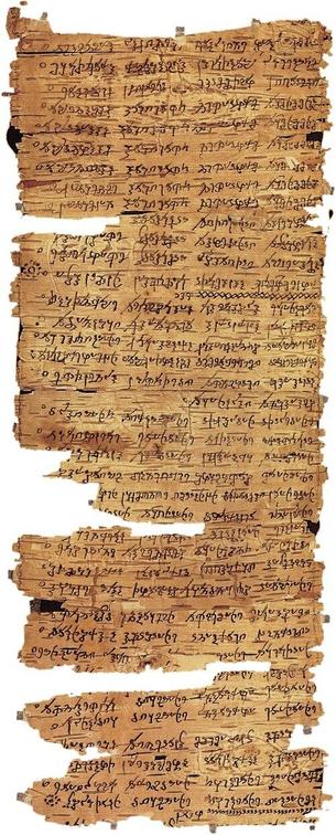 Incomplete manuscript of the Dhammapada in Gandhari and in Kharosthi characters. It may have been copied between the end of the 1st century CE and the end of the 3rd century CE, which makes it the one of the oldest known Indian language documents. 

Its sheets, in birch bark, reinforced in the direction of the height by a string sewn on each side, are about 20 cm wide. Here fragmentary, originally at least 1.23 m long, they were, after reading, folded in on themselves, thus forming notebooks about 20 cm long and 4 to 5 cm thick. Acquired by the Dutreuil de Rhins mission (1891-1894) in Central Asia. Bibliothèque nationale de France, département des Manuscrits, pali 715-A

https://en.wikipedia.org/wiki/Gandh%C4%81ran_Buddhist_texts#/media/File:Manuscrit_BnF_pali_715-A.jpg