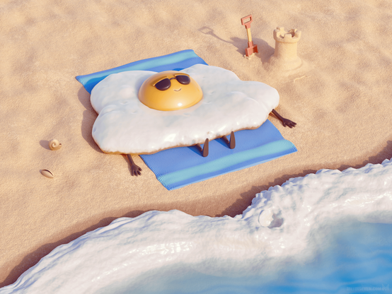 Cartoon-style 3D scene, showing a fried egg lying on a sun-drenched beach.