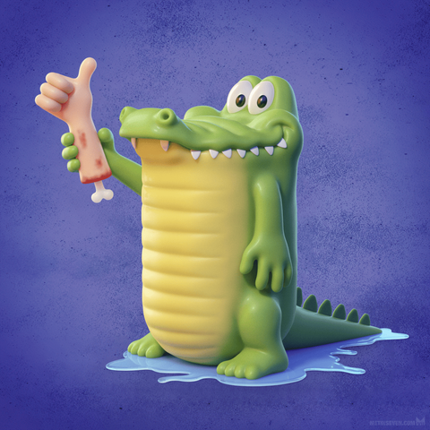 A cartoon-style 3D crocodile character smiles while holding a severed human hand with its thumb up.