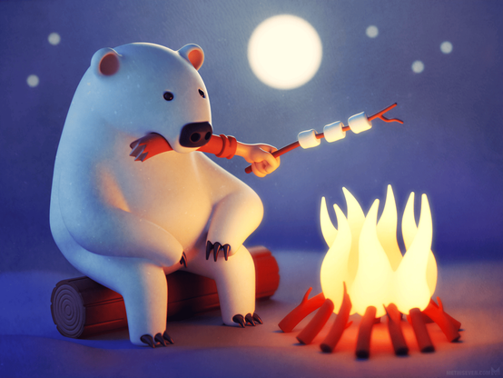 A cartoon-style 3D polar bear character sits in front of a campfire with a severed human arm in his mouth, holding a stick with marshmallows above the fire.