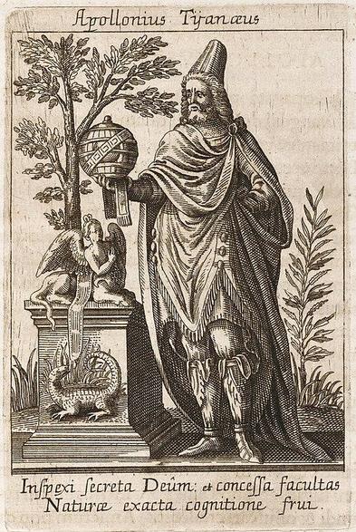 Apollonius of Tyana on a book cover or a frontispice, before 1800.

Apollonius of Tyana in a hat holding an orb. Witj dragon, sphinx and tree. 

Text:
Inspexi secreta Deûm: et concessa facultas
Naturae exacta cognitione frui

Translation:
I have inspected the secrets of the Gods: and granted the ability to enjoy Nature with exact knowledge.

https://en.wikipedia.org/wiki/Apollonius_of_Tyana#/media/File:Apollonius_Tyanaeus_-_Apollonius_of_Tyana_in_a_hat_holding_an_orb._With_dragon,_sphinx_and_tree.jpg