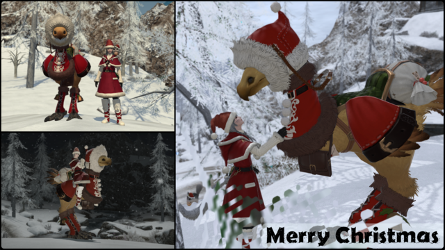 A collage of three images of a chocobo and a Final Fantasy 14 player in Santa outfits.
