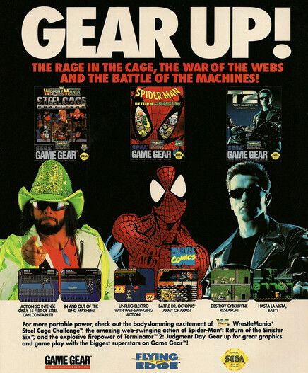 A full page ad for Game Gear games for WWF Wrestlemania Steel Cage Challenge, Spider-Man: Return if the Sinister Six, and T2 Terminator