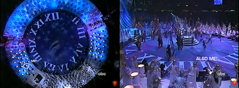 Two screengrabs from the Superbowl 2000 halftime show with a circle and arrow showing where I was on stage