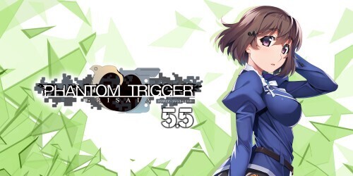 picture of the Phantom Trigger 5.5 logo with a background of light green glass that shattering.
Next to the logo stands a female protagonist from the game.