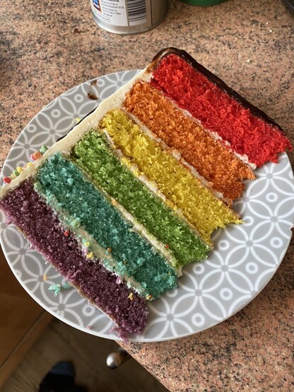 A picture of a rainbow cake slice with six layers. 
