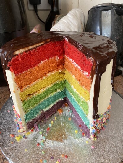A cut cake showing a six layer rainbow cake in a kitchen 