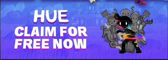 A screenshot of a notification on Steam that the game Hue can be claimed for free. It shows a black and white character holding a segmented ring with different colors. 