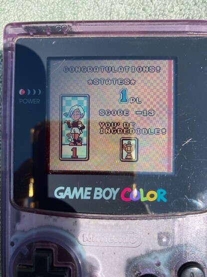 Shot of the conclusion of the 18 hole round of Mobile Golf on game Boy Color.
Finished first with a score of -13