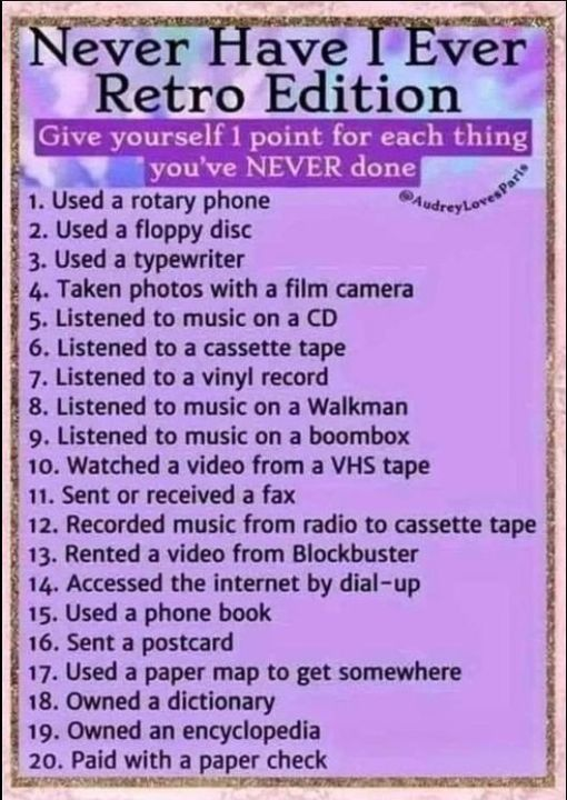 Never Have I Ever: Retro Edition Give yourself 1 point for each thing you've NEVER done. 1. Used a rotary phone. 2. Used a floppy disc. 3. Used a typewriter. 4. Taken photos with a film camera. 5. Listened to music on a CD. 6. Listened to a cassette tape. 7. Listened to a vinyl record. 8. Listened to music on a Walkman. 9. Listened to music on a boombox. 10. Watched a video from a VHS tape. 11. Sent or received a fax. 12. Recorded music from radio to cassette tape. 13. Rented a video from Blockbuster. 14. Accessed the internet by dial-up. 15. Used a phone book. 16. Sent a postcard. 17. Used a paper map to get somewhere. 18. Owned a dictionary. 19. Owned an encyclopedia. 20. Paid with a paper check.
