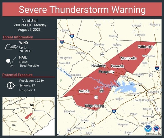 A graphic from the National Weather service, showing a Severe Thunderstorm Warning for Saluda, Newberry, and Winnsboro counties
