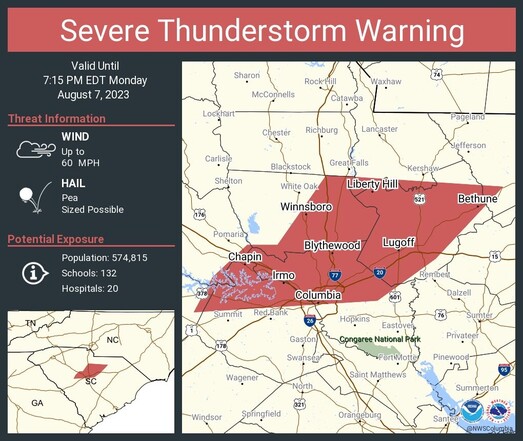 A graphic from the National Weather Service showing a Severe Thunderstorm Warning for parts of Lexington and Richland counties