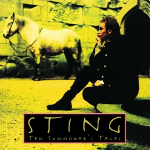 ten summoners tales cover, sting album. yellow color palette. sting sits on a sidewalk with a donkey in background 