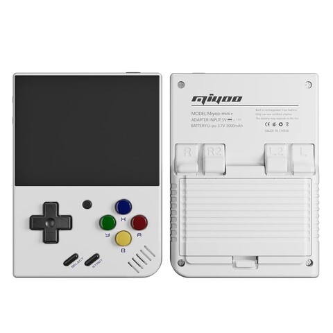 Image of a white Miyoo Mini Plus with coloured buttons. Looks similar to a Game Boy