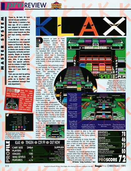 Review for Klax on Sega Master System from Sega Pro 3 - Christmas 1991 (UK)

score: 72%
