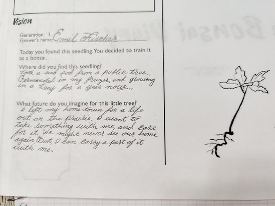 First page of the Bonsai Diary. A picture of a seedling on the right, and Journaling prompts on the left. Text is in tweet.