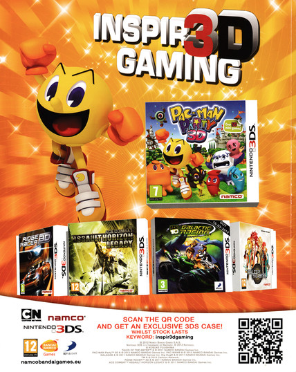 Back cover for NGamer 73 - March 2012 (UK) featuring an advertisement by Namco for a variety of 3DS games.