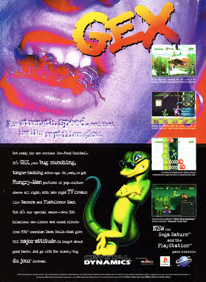 Back cover for Official Sega Saturn Magazine 6 - April 1996 (UK), featuring an advertisement for Gex on Sega Saturn and Playstation