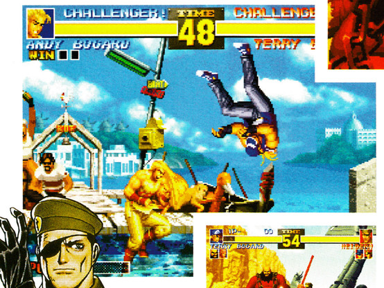 Image of The King of Fighters '95 from Official Sega Saturn Magazine 6 - April 1996 (UK), showing an overexposed colour pallet with details on being washed out. as well as colours being so bright that the image loses a ton of depth.
