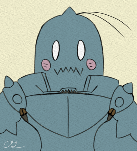 Headshot illustration of Alphonse Elric from Fullmetal Alchemist. Done in a sort of chibi flat style intended to make his normally imposing armoured appearance much more cutesy. 