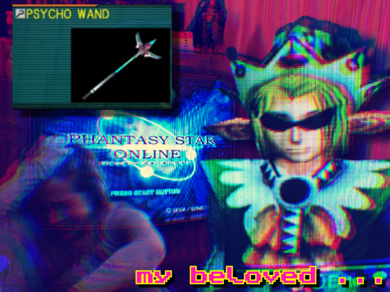 an elf with bright yellow hair and sunglasses smirks from the foreground; a woman is crying in blur to the left of of the elf; a CRT with the Phantasy Star Online title screen is shown in the background; a square box with the words "PSYCHO WAND" and an image of some sort of staff is shown in the upper left; the words "my beloved" are written in the bottom right just below the elf's chest. 
