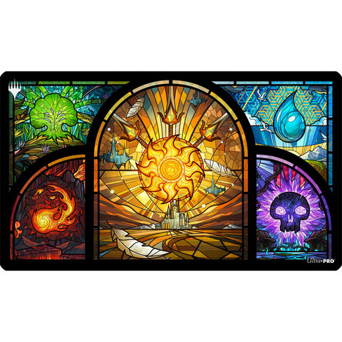 Dominaria United Stained Glass Lands. Art from all five basic land types (Forest, Mountain, Plains, Swamp, Island) is featured.