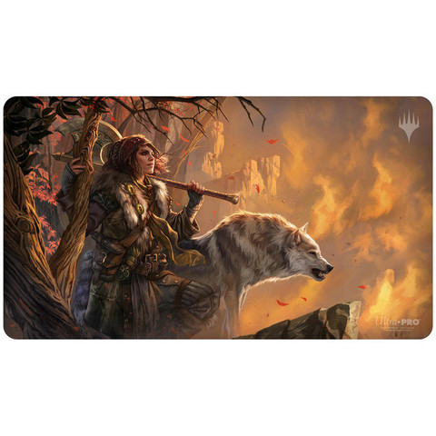Huntmaster of the Fells, featuring a human and a wolf during the day. This is one side of a double-sided playmat.