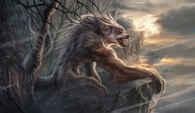 Ravager of the Fells, featuring a werewolf on a cliffside with a full moon in the background. This is the other side of a double-sided playmat.
