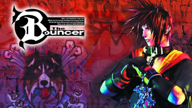 the bouncer title screen. a very anime guy with spiky red hair is cracking his knuckles while staring off to the left.
