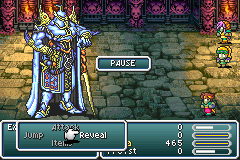 A screenshot from Final Fantasy V Advance taken during a boss fight against Exdeath.  Lenna is hiding, as the command window indicates only "Reveal" is available for her.  Faris, Krile, and Bartz are all zombies.  The screenshot was taken on a frame when the blue outline from the reflect status was not showing.