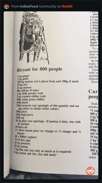 Picture of a recipe book with a recipe for BIRYANI FOR 800 PEOPLE. 